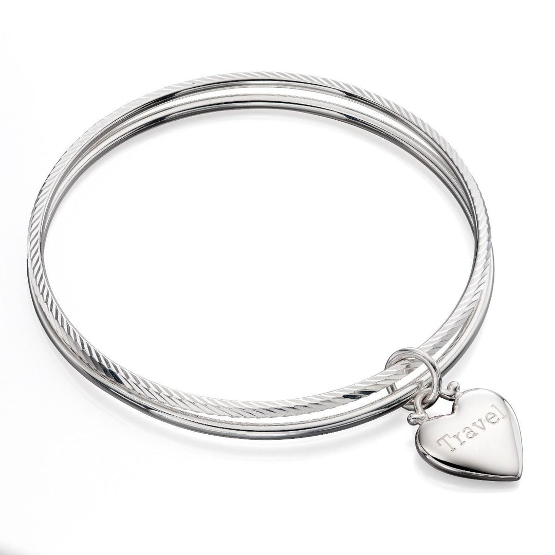 Silver Personalised Solid Heart Charm Double Bangle