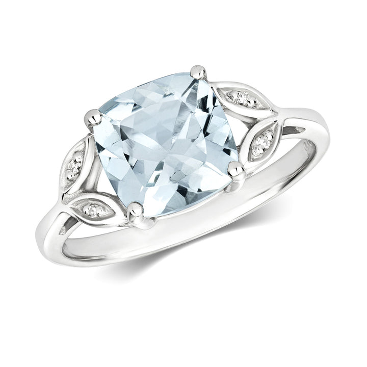 9ct White Gold Aquamarine & Diamond Leaf Ring