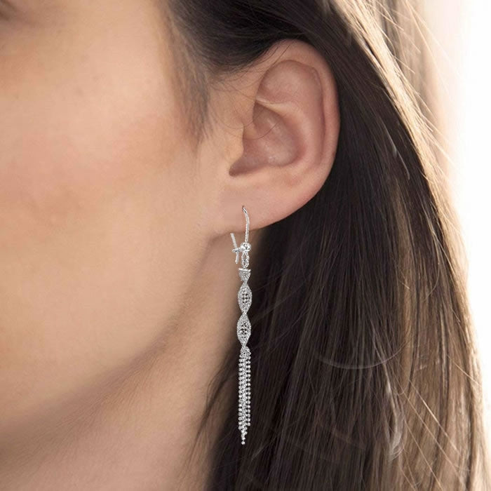 9ct White Gold Long Tassel Twist Drop Earrings