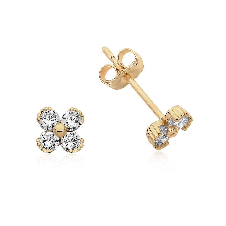 9ct Gold Fleur Cubic Zirconia Stud Earrings