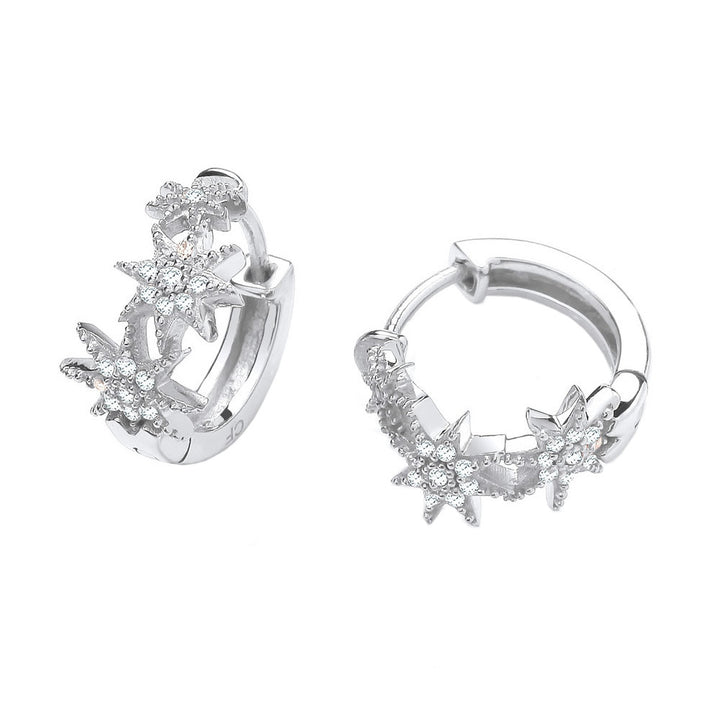 Silver Cubic Zirconia Starburst Huggie Hoop Earrings