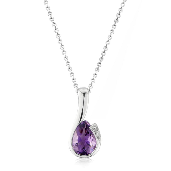 9ct White Gold Amethyst & Diamond Curve Pendant