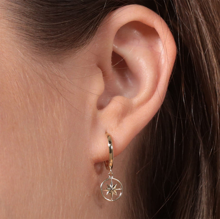 9ct Gold Compass Charm Hoop Earrings