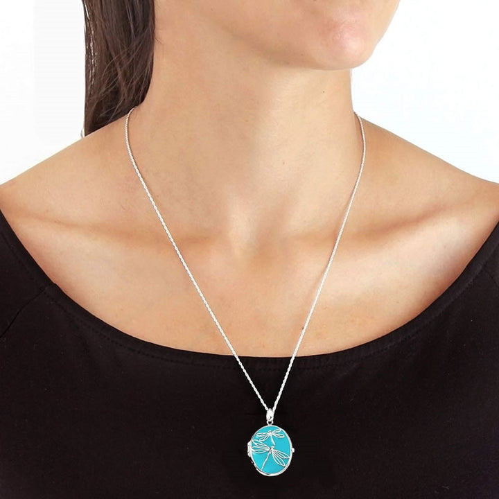 Silver Large Turquoise Dragonfly Oval Locket