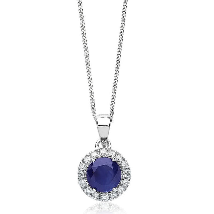 9ct White Gold Sapphire & Halo Diamond Pendant