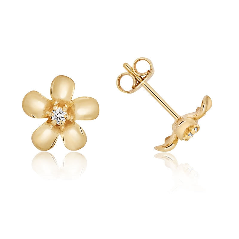 Solid Gold Diamond top Flower Earrings / Tiny Daisy Studs / 9k 14k or 18k