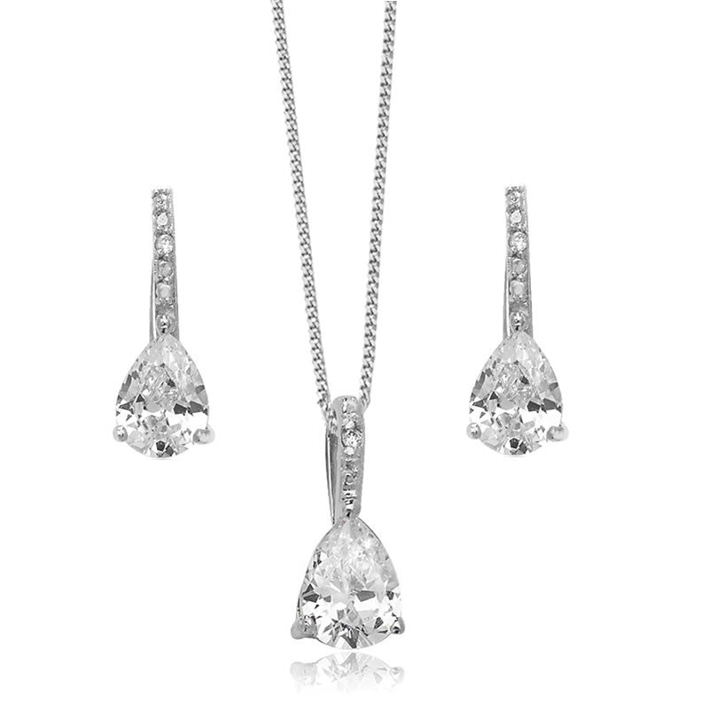 Silver Cubic Zirconia Teardrop Necklace & Earrings Set