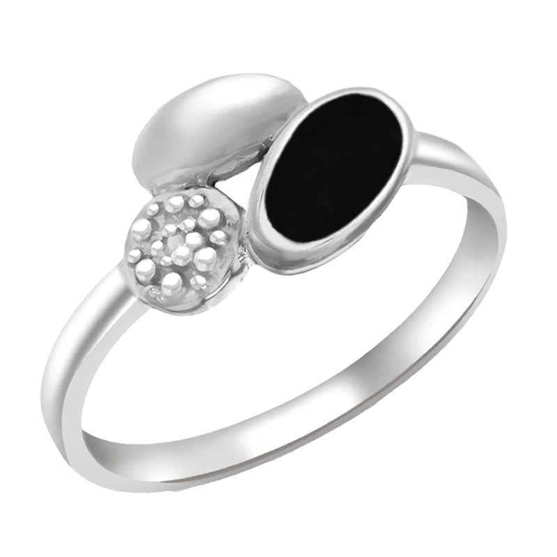 Silver Diamond & Onyx Black Pebble Ring