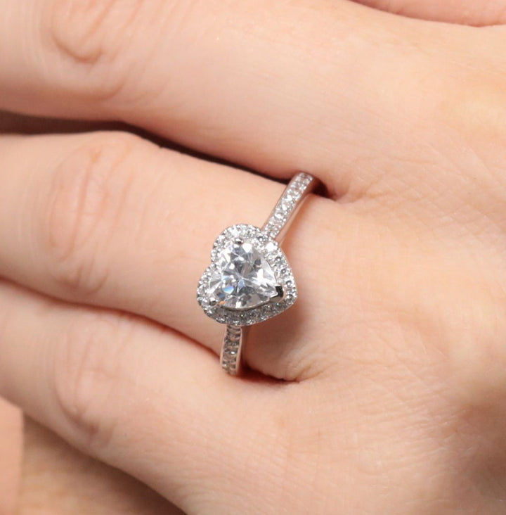 Luminous Silver Cubic Zirconia Heart Halo Ring