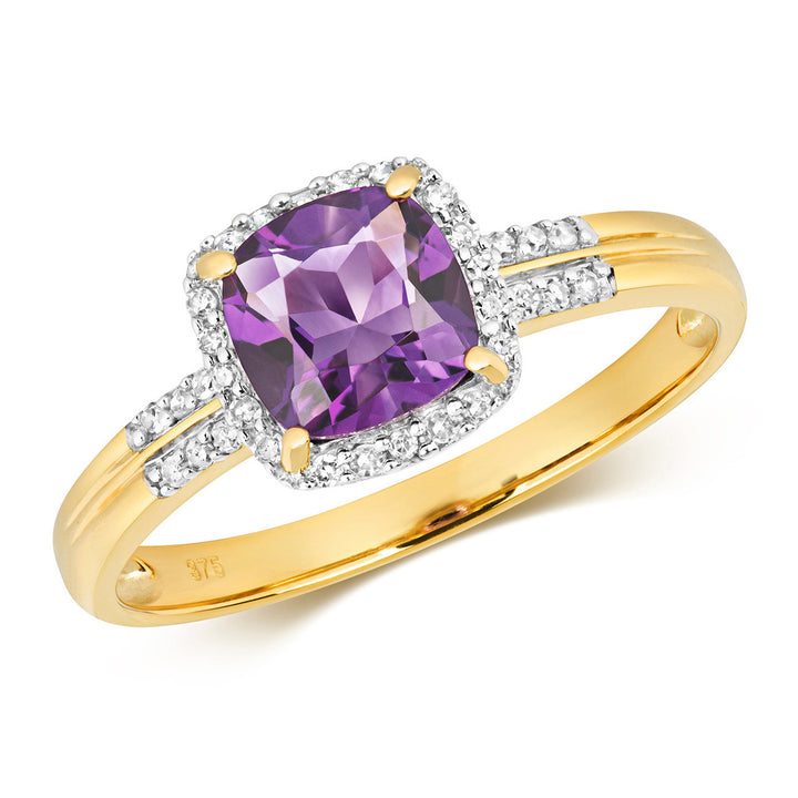 9ct Gold Cushion-Cut Amethyst & Diamond Halo Ring
