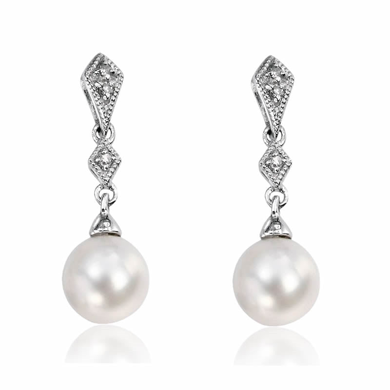 9ct White Gold Diamond & Pearl Vintage Drop Earrings