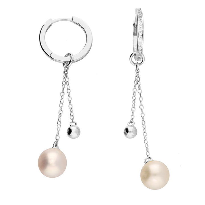 Sterling Silver Cubic Zirconia Pearl Drop Hoop Earrings