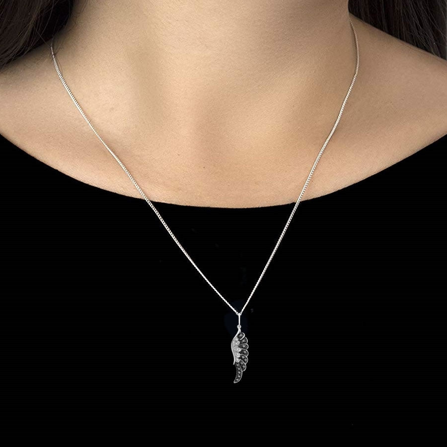 9CT WHITE GOLD BLACK DIAMOND ANGEL WING NECKLACE