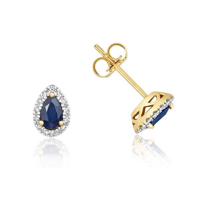 9ct Gold Pear Sapphire & Diamond Halo Stud Earrings
