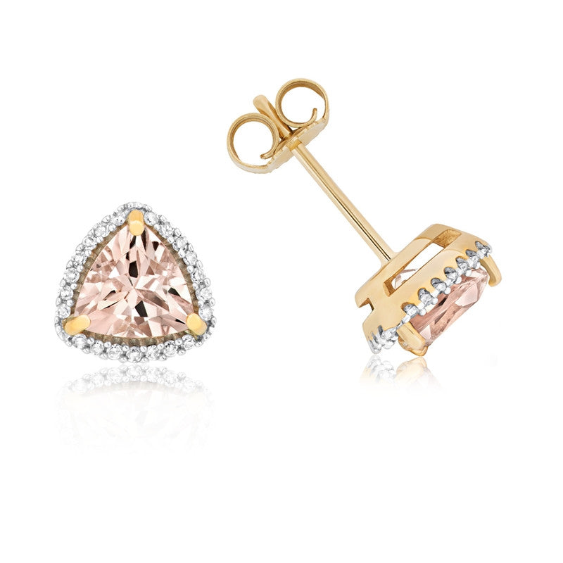 9ct Gold Trillion Cut Morganite & Diamond Halo Stud Earrings