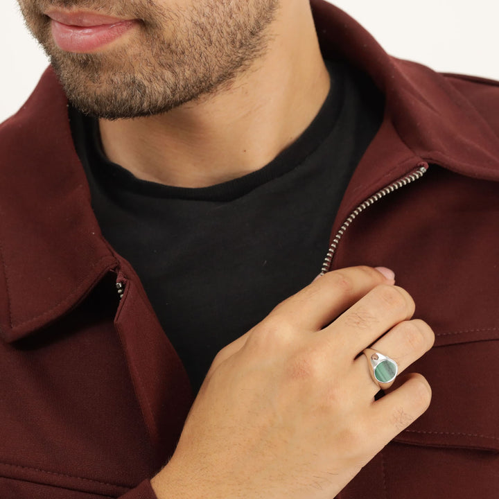 Men's Silver Malachite Oval Signet Ring