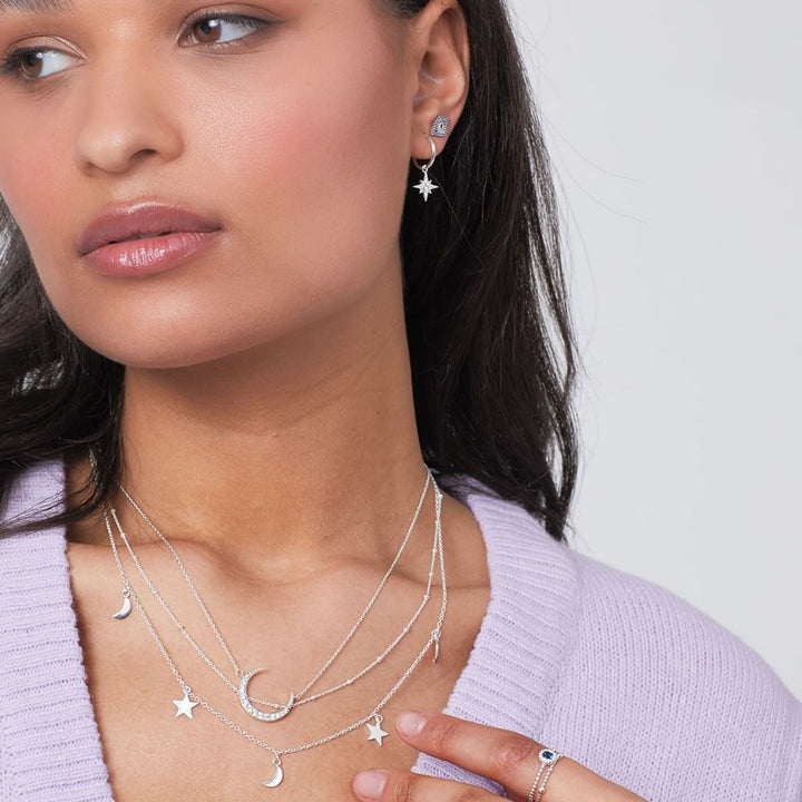Silver Cubic Zirconia Starburst Charm Hoop Earrings