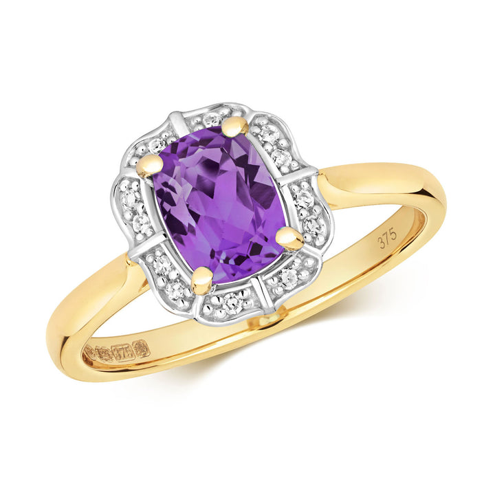 9ct Gold Amethyst & Diamond Deco Ring