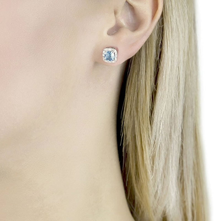 9ct White Gold Cushion Cut Blue Topaz & Diamond Stud Earrings
