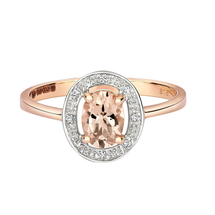 9ct Rose Gold Oval Morganite & Diamond Halo Ring
