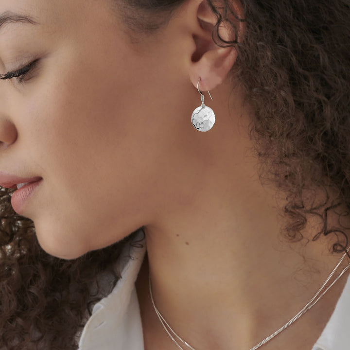 Sterling Silver Hammered Disc Drop Earrings