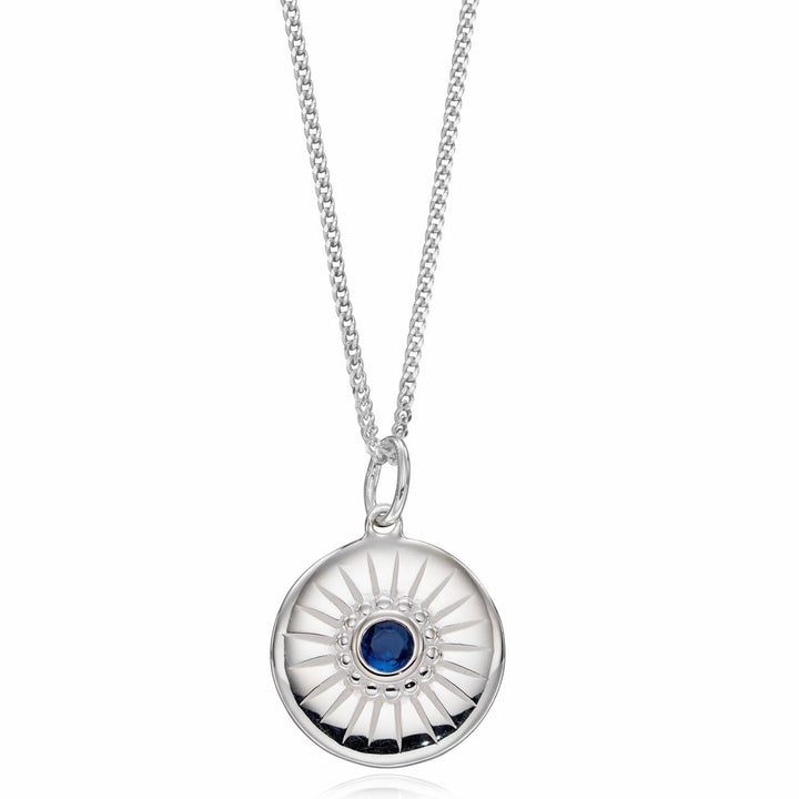 Silver Diamond Cut Disc Pendant With Sapphire Blue Crystal