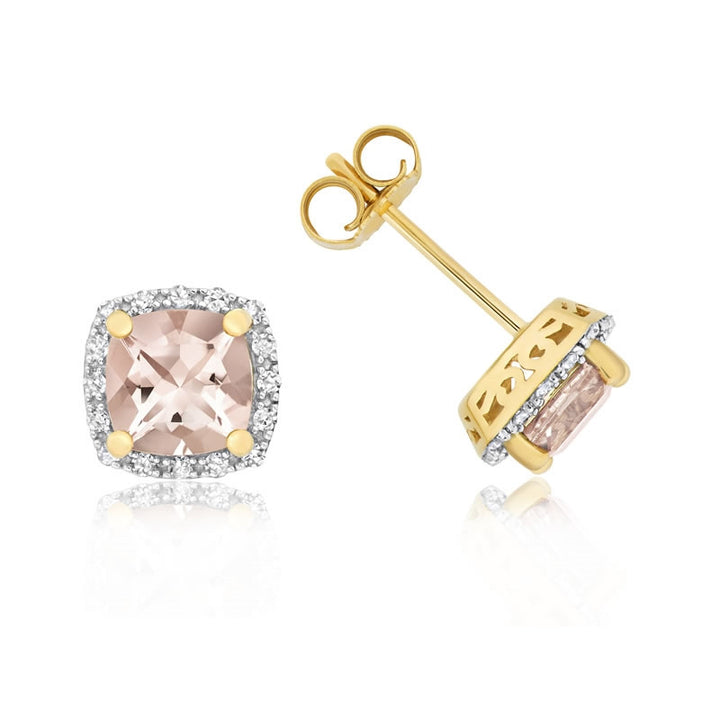 9ct Gold Cushion-Cut Morganite & Diamond Earrings