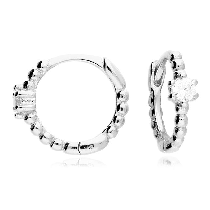 Sterling Silver Mini Bead CZ Huggie Hoop Earrings