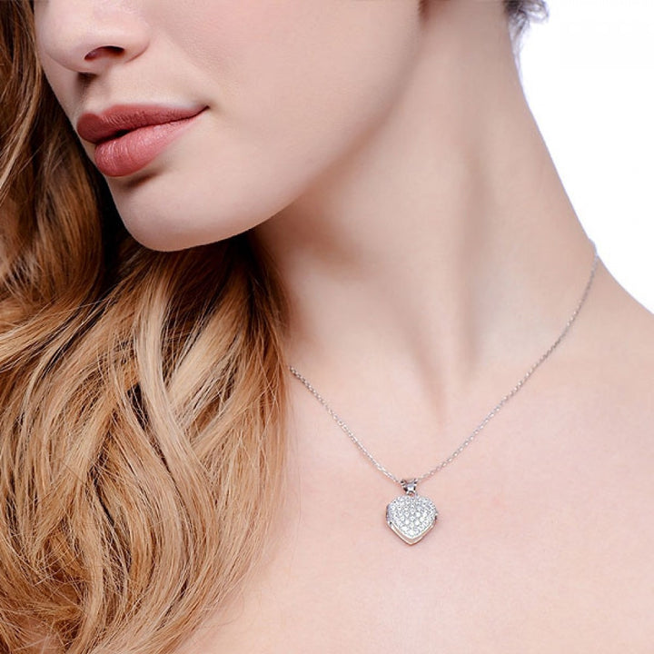 Silver Cubic Zirconia Heart Locket Necklace