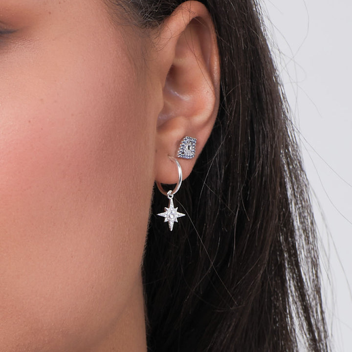 Silver Cubic Zirconia Starburst Charm Hoop Earrings