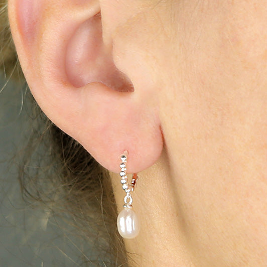 Silver Pearl Charm Bead Hoop Earrings
