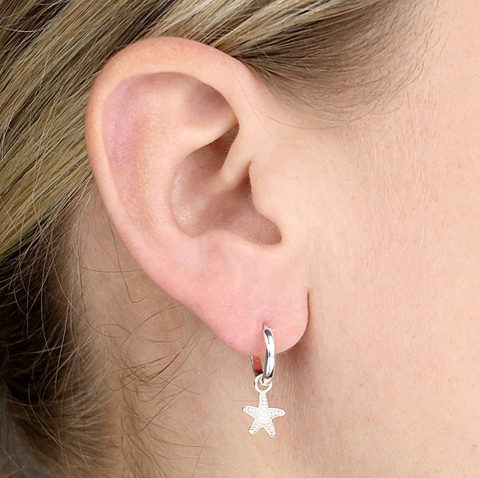 Silver Starfish Charm Hoop Earrings