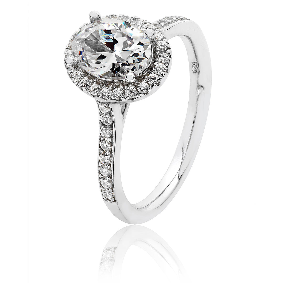 Luminous Silver Oval Cubic Zirconia Halo Ring