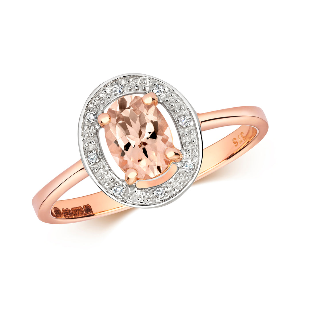 9ct Rose Gold Oval Morganite & Diamond Halo Ring