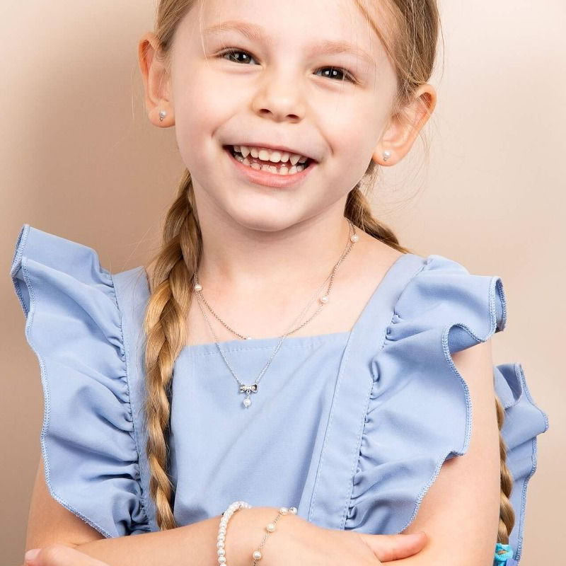 Children's Silver Pearl & Diamond Bow Necklace