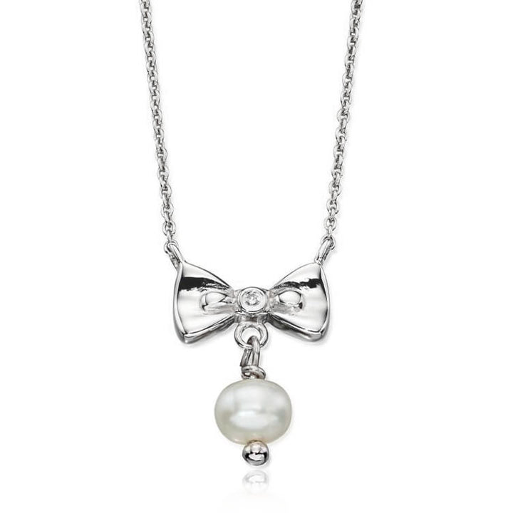 Children's Silver Pearl & Diamond Bow Necklace