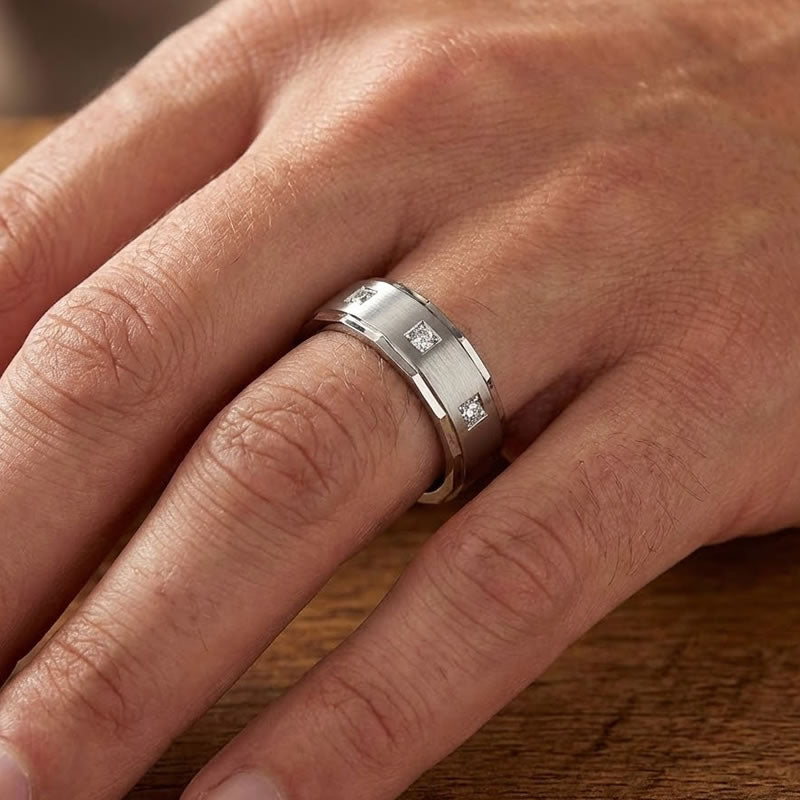 Men's Sterling Silver 3 Stone Wedding Ring 6mm