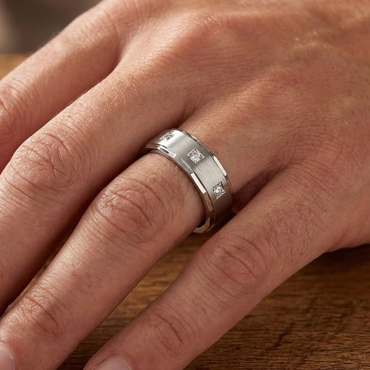 Men's Sterling Silver 3 Stone Wedding Ring 6mm