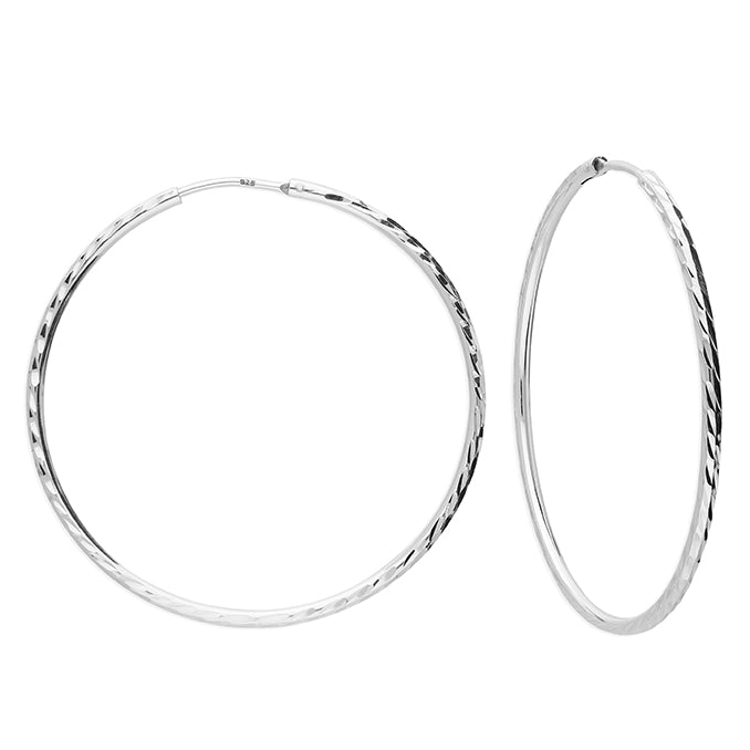 Silver Large Diamond-Cut Sleeper Hoop Earrings