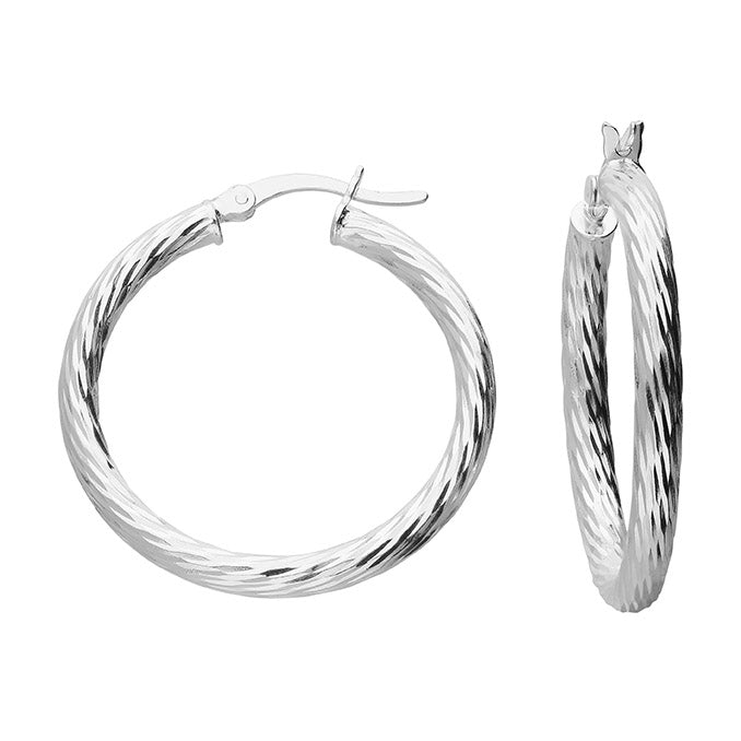 Silver Diamond-Cut Hoop Earrings