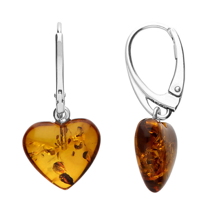 Sterling Silver Amber Heart Drop Earrings