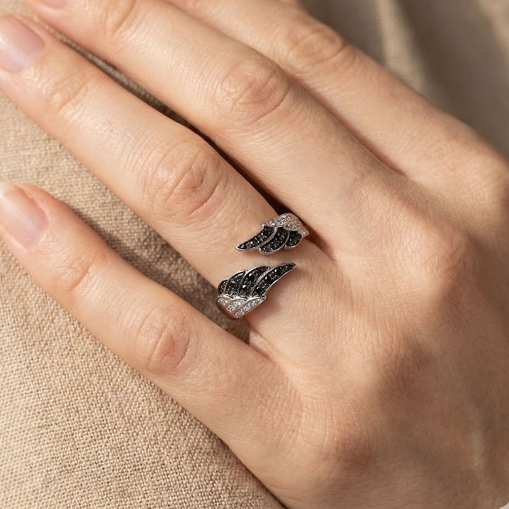 9ct White Gold Black Diamond Angel Wing Ring