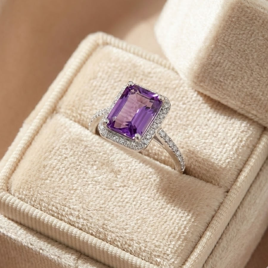 9ct White Gold Emerald-Cut Amethyst &amp; Diamond Ring