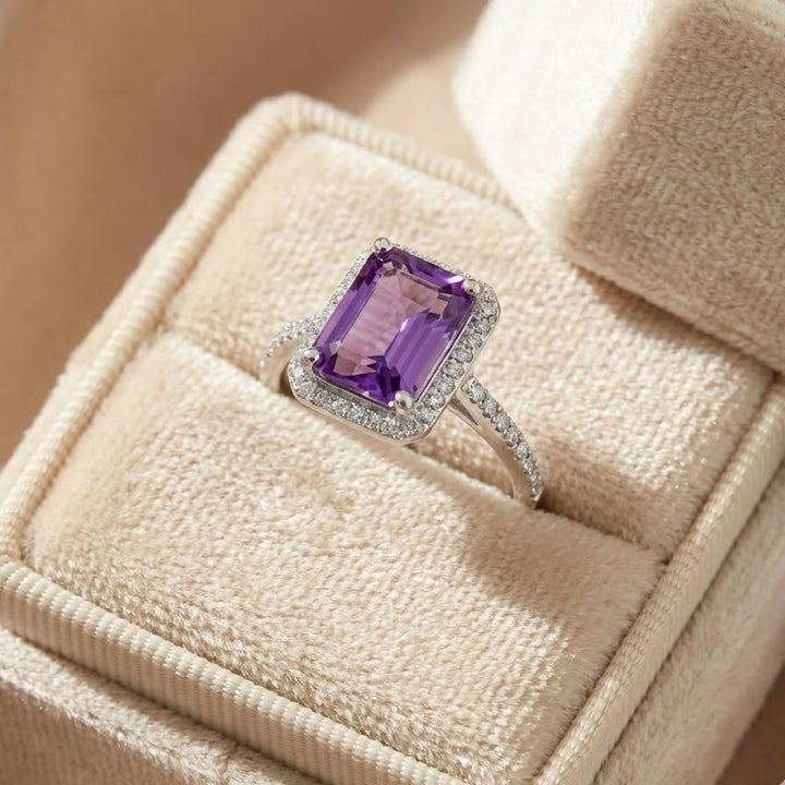 9ct White Gold Emerald-Cut Amethyst &amp; Diamond Ring