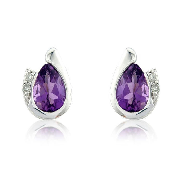 9ct White Gold Amethyst & Diamond Curve Earrings