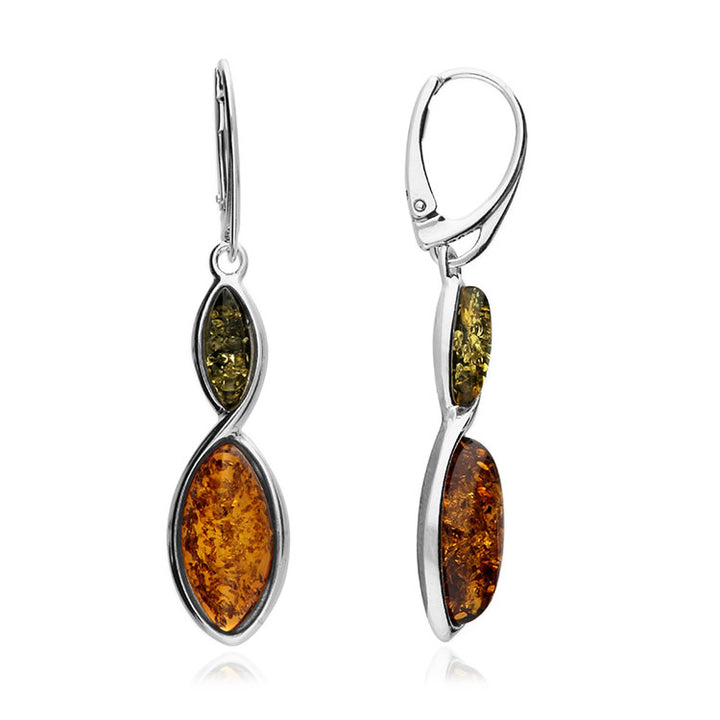Silver Two Colour Amber Drop Earrings