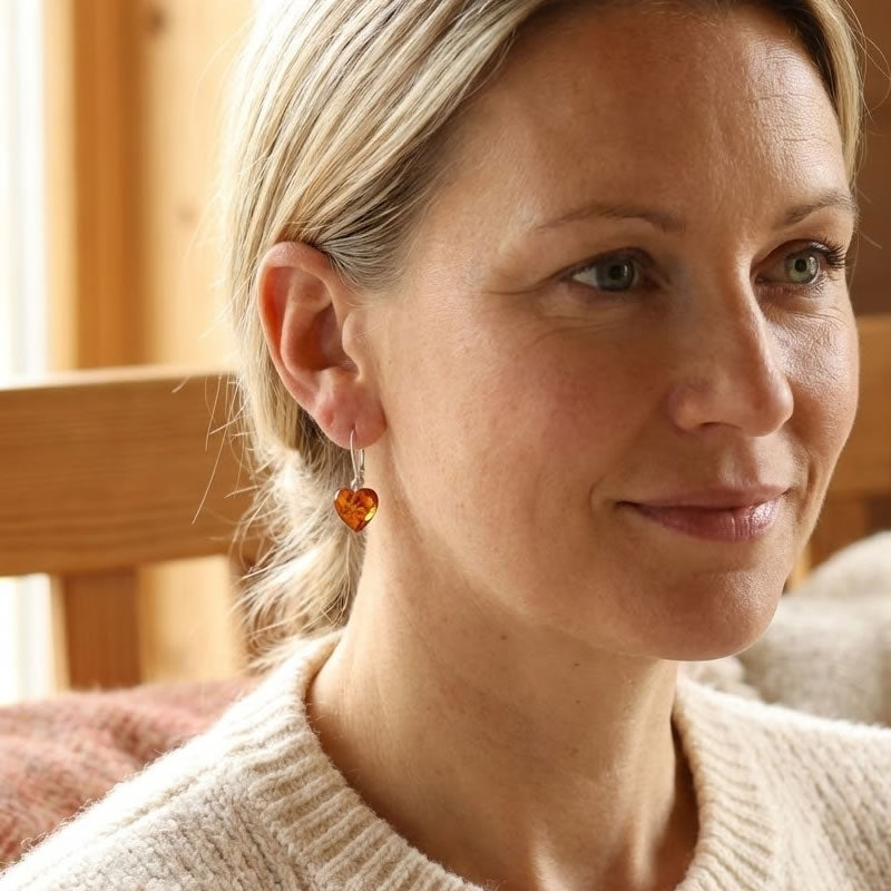 Sterling Silver Amber Heart Drop Earrings