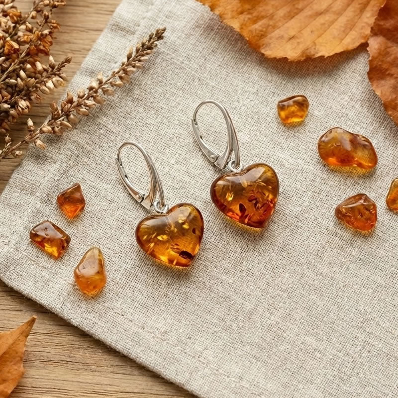 Sterling Silver Amber Heart Drop Earrings