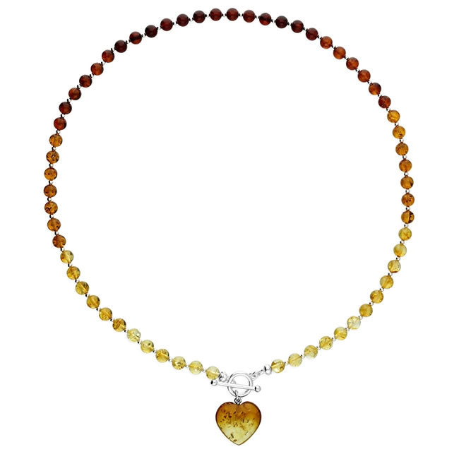 Silver Mixed Amber T-bar Heart Charm Necklace