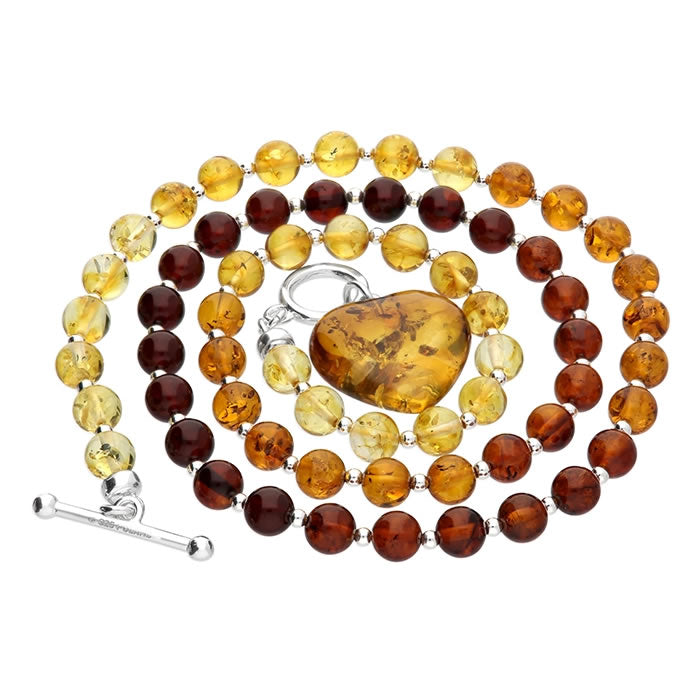 Silver Mixed Amber T-bar Heart Charm Necklace